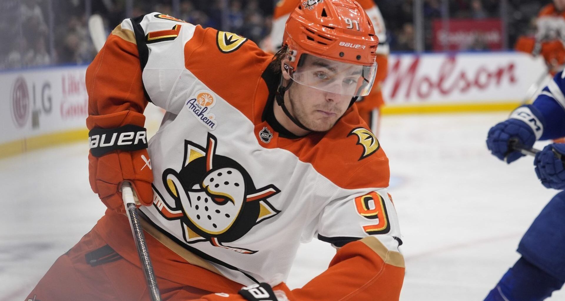 Mar 12, 2026; Toronto, Ontario, CAN; Anaheim Ducks forward Leo Carlsson (91) skates against the Toronto Maple Leafs during the third period at Scotiabank Arena. Mandatory Credit: John E. Sokolowski-Imagn Images