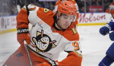 Mar 12, 2026; Toronto, Ontario, CAN; Anaheim Ducks forward Leo Carlsson (91) skates against the Toronto Maple Leafs during the third period at Scotiabank Arena. Mandatory Credit: John E. Sokolowski-Imagn Images