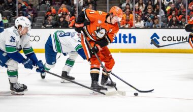 Apr 12, 2026; Anaheim, California, USA; Anaheim Ducks center Leo Carlsson (91) skates with the puck against Vancouver Canucks center Ty Mueller (39) during the second period at Honda Center.