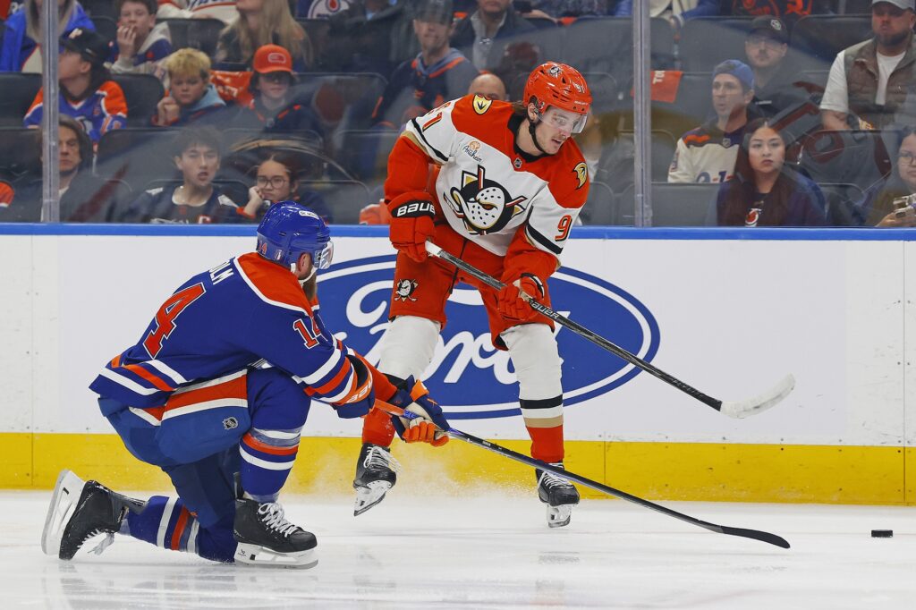 Apr 28, 2026; Edmonton, Alberta, CAN; Edmonton Oilers defensemen Mattias Ekholm (14) blocks a pass by Anaheim Ducks forward Leo Carlsson (91) during the second period in game five of the first round of the 2026 Stanley Cup Playoffs at Rogers Place.