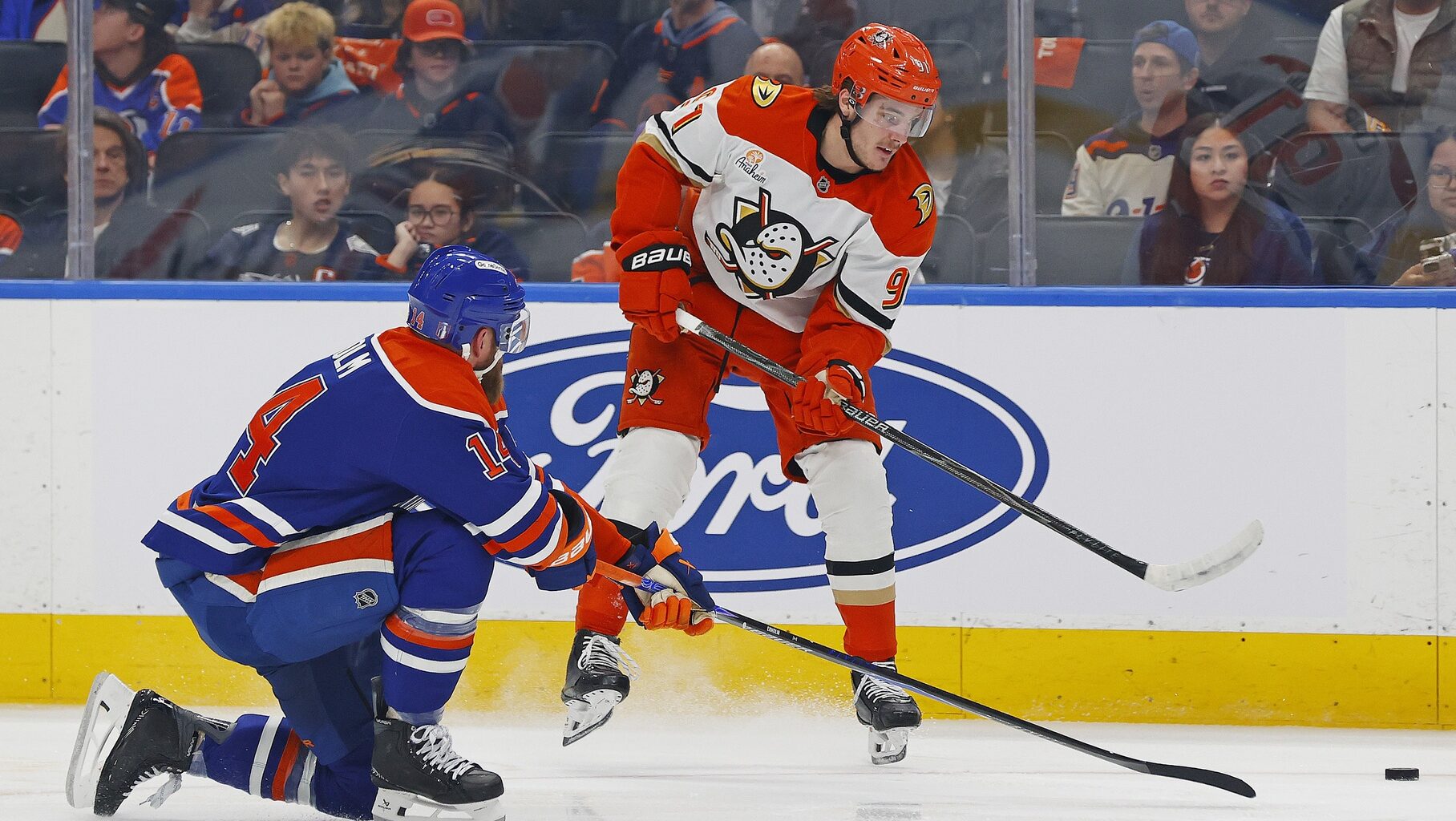 Apr 28, 2026; Edmonton, Alberta, CAN; Edmonton Oilers defensemen Mattias Ekholm (14) blocks a pass by Anaheim Ducks forward Leo Carlsson (91) during the second period in game five of the first round of the 2026 Stanley Cup Playoffs at Rogers Place.