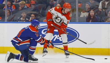 Apr 28, 2026; Edmonton, Alberta, CAN; Edmonton Oilers defensemen Mattias Ekholm (14) blocks a pass by Anaheim Ducks forward Leo Carlsson (91) during the second period in game five of the first round of the 2026 Stanley Cup Playoffs at Rogers Place.