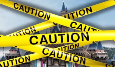 An image showing a castle behind multiple yellow "Caution" tapes crossing each other diagonally. The tapes obstruct a clear view of the castle, suggesting restricted access—much like a scene where Disney magic is temporarily off-limits.
