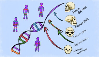 human skulls with arrows pointing to a DNA helix