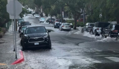 Flooding on Cynthia Street in West Hollywood due to century old water main bursting on July 16, 2026.