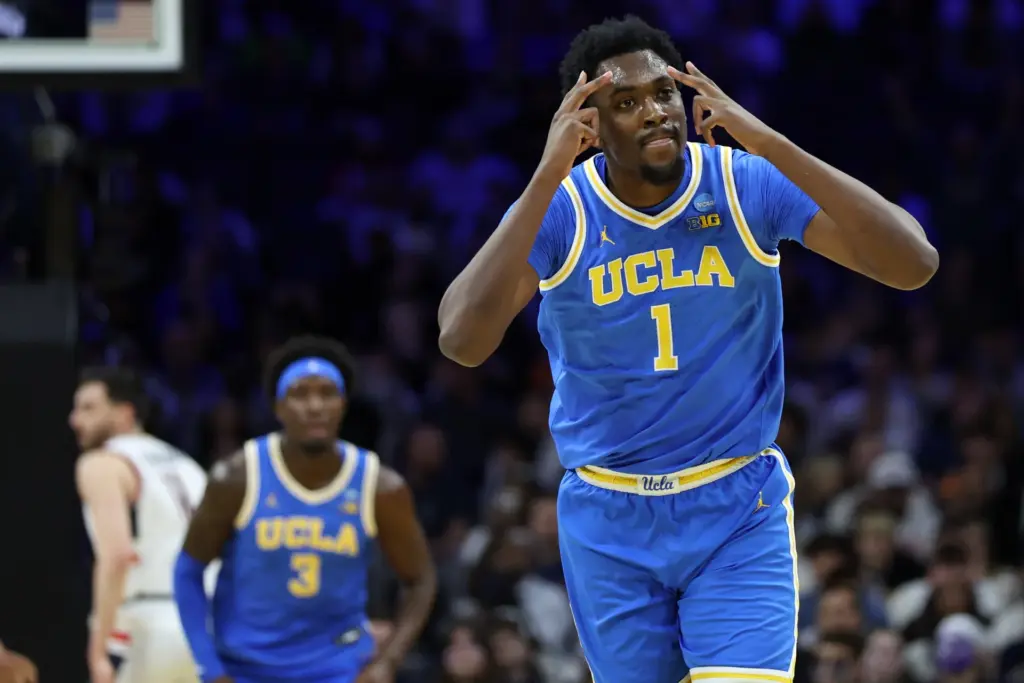 Mar 22, 2026; Philadelphia, PA, USA; UCLA Bruins center Xavier Booker (1) reacts against the UConn Huskies in the first half during a second round game of the men's 2026 NCAA Tournament at Xfinity Mobile Arena. Mandatory Credit: Bill Streicher-Imagn Images