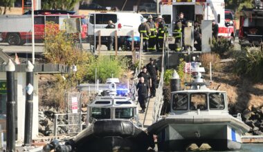 Emergency crews gather at a dock near the site of a pontoon accident on Tuesday, July 14, 2026, in San Francisco.