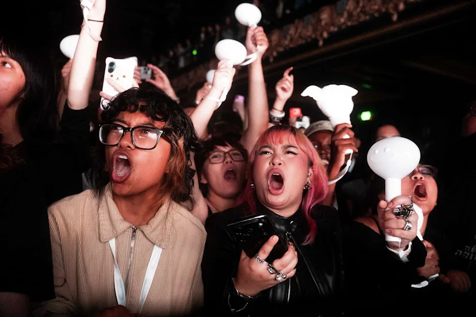 Fans cheer at the front barricade at the Regency Ballroom during Underscores' set on June 26, 2026. (Theo LaBrusciano-Carris/For SFGATE)