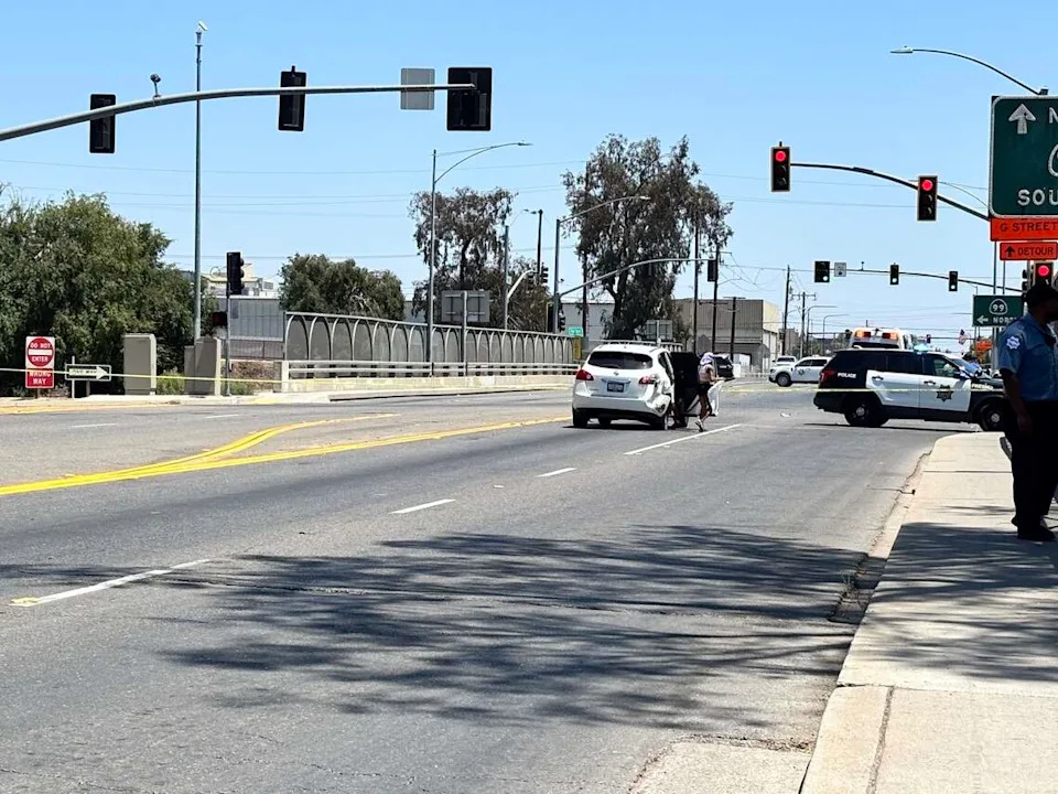 A white vehicle was struck by another car in a fatal crash on Highway 99 near Ventura Street in Fresno, California, on Friday, July 3, 2026.