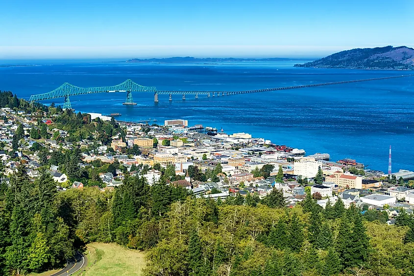Victorian houses on the hillside above the Columbia River in Astoria, Oregon