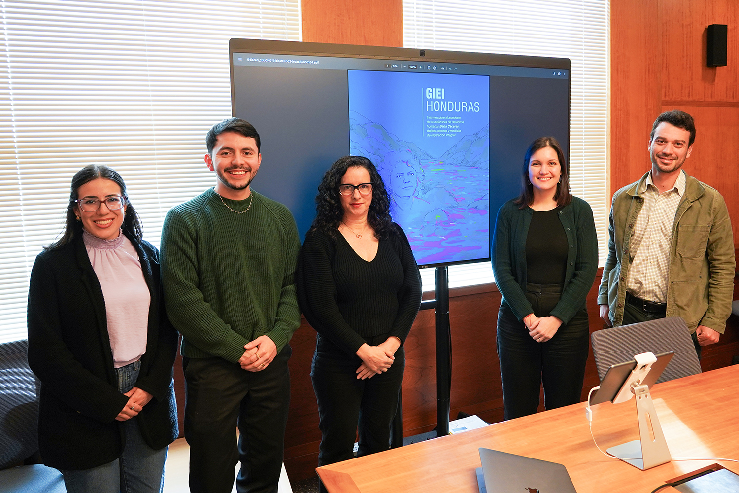 Human Rights Clinic students Alejandra de Maar ’27, Kevin De Leon ’27, Director Roxanna Altholz ’99, Supervising Attorney Helen Kerwin, and 2L Sam Klein-Markman