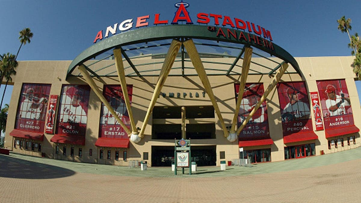 Angel Stadium entrance in Anaheim before a baseball game.