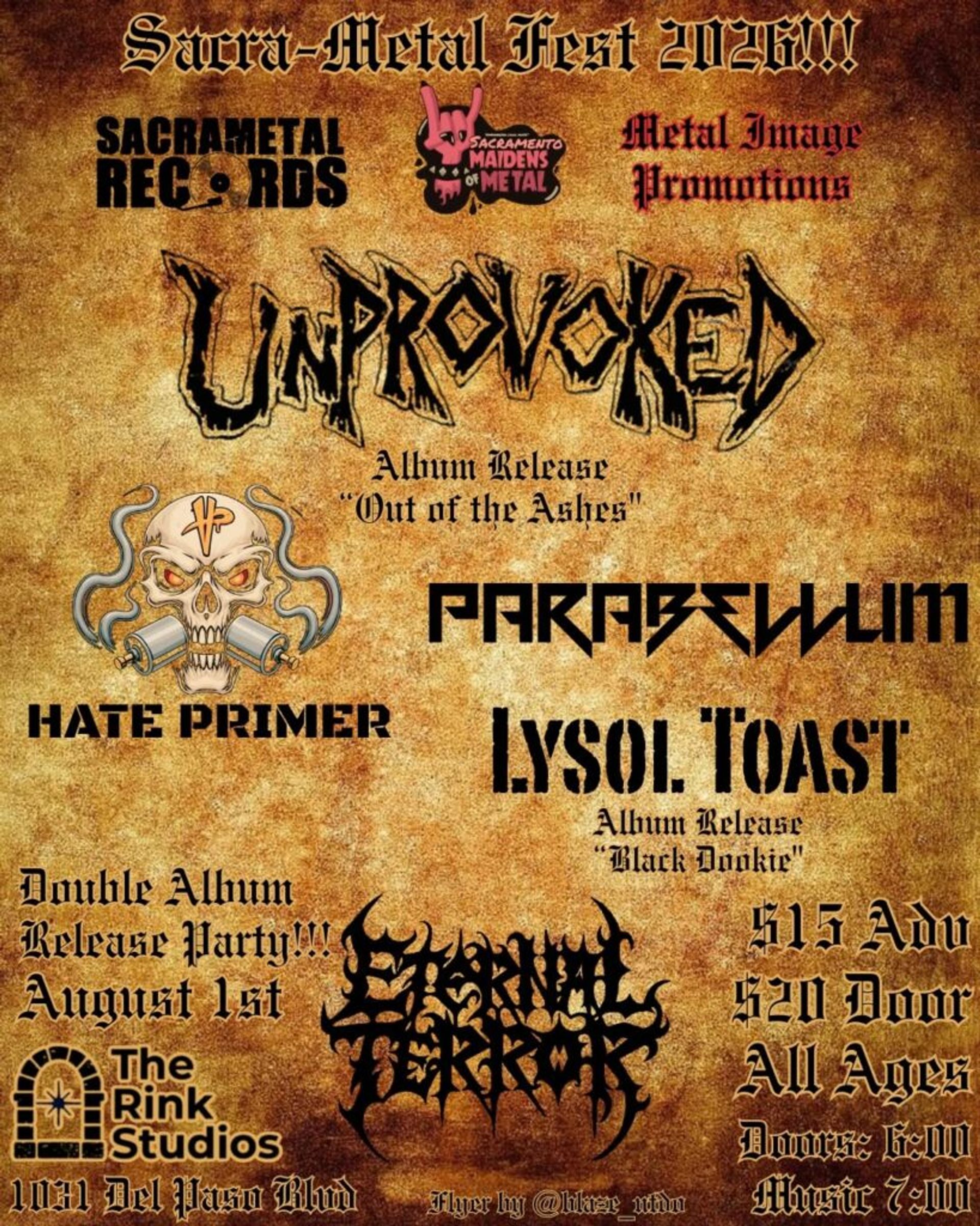 A brown music poster with the words "Unprovoked" "Parabellim" "Lysol Toast" and more.