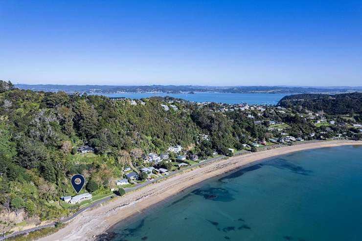 The iconic art deco-style home at 151 Long Beach Road, on the edge of Russell, Northland, is on the market for the first time since it was built in the 1950s. Photo / Supplied