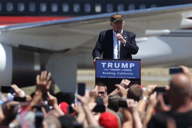 Republican presumptive presidential nominee Donald Trump speaks at the Redding Municipal Airport in Redding on Friday, June 3, 2016.