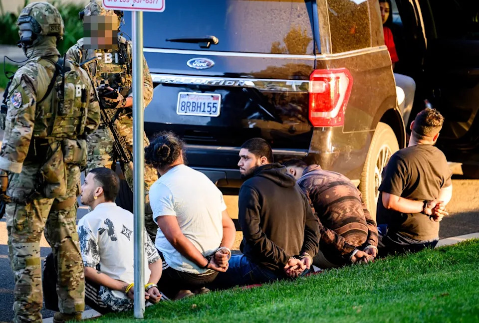 Suspects arrested during a raid in Stockton, Calif., on Tuesday. CA Post