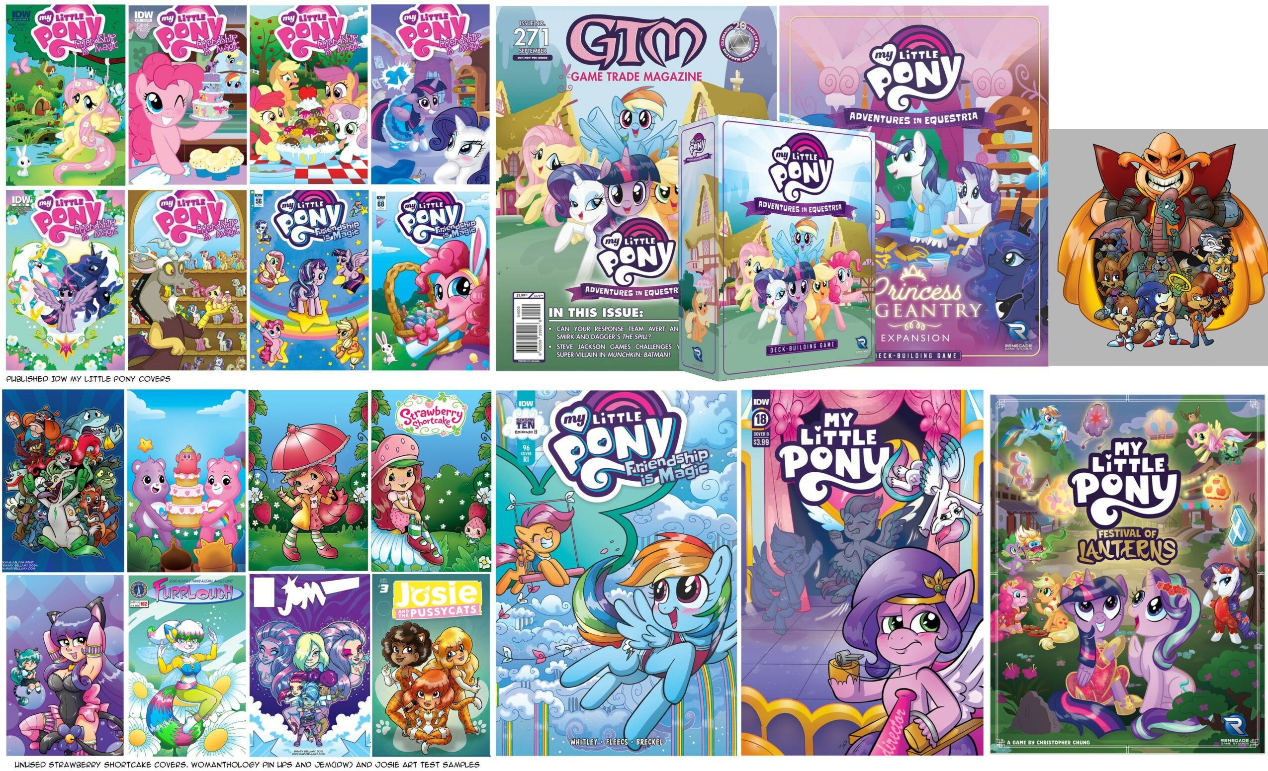 Collage of children's books, toys, and characters including My Little Pony and a cat figure, with colorful covers and illustrations.