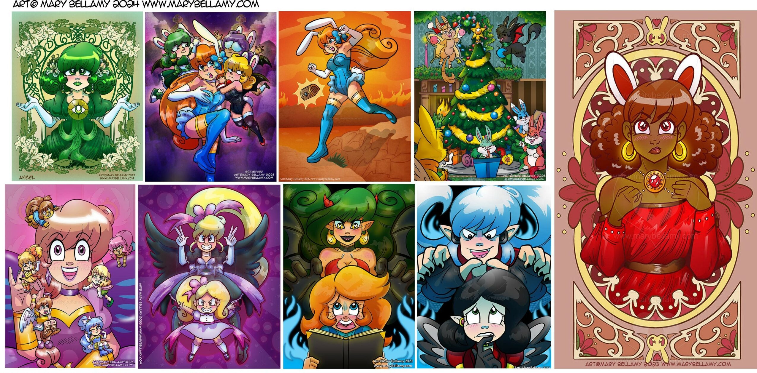 Collection of colorful animated characters, including a green creature, a blue-haired girl, a bear, and a girl in red dress.