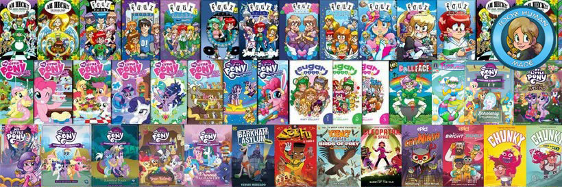 Collection of colorful children's books with various characters and illustrations, arranged in multiple rows.