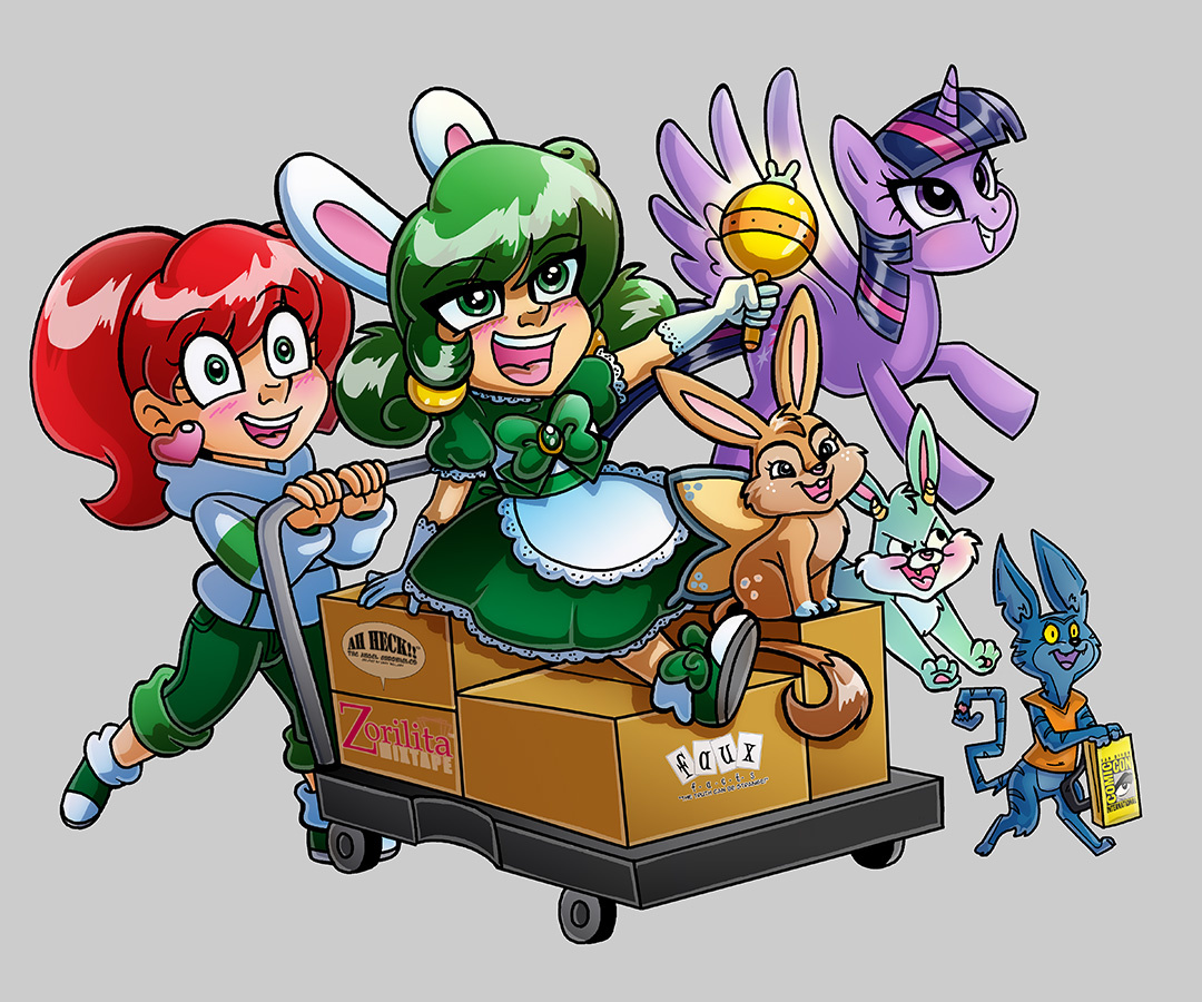 Group of animated characters on a cart, including a girl with red hair, a green-haired girl, a purple pony, a rabbit, a cat, and a blue bird.