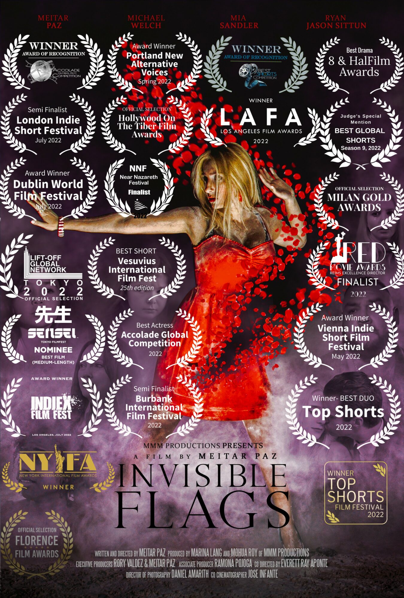 Woman in red dress with feathers, surrounded by award laurels and text, standing against a dark background.