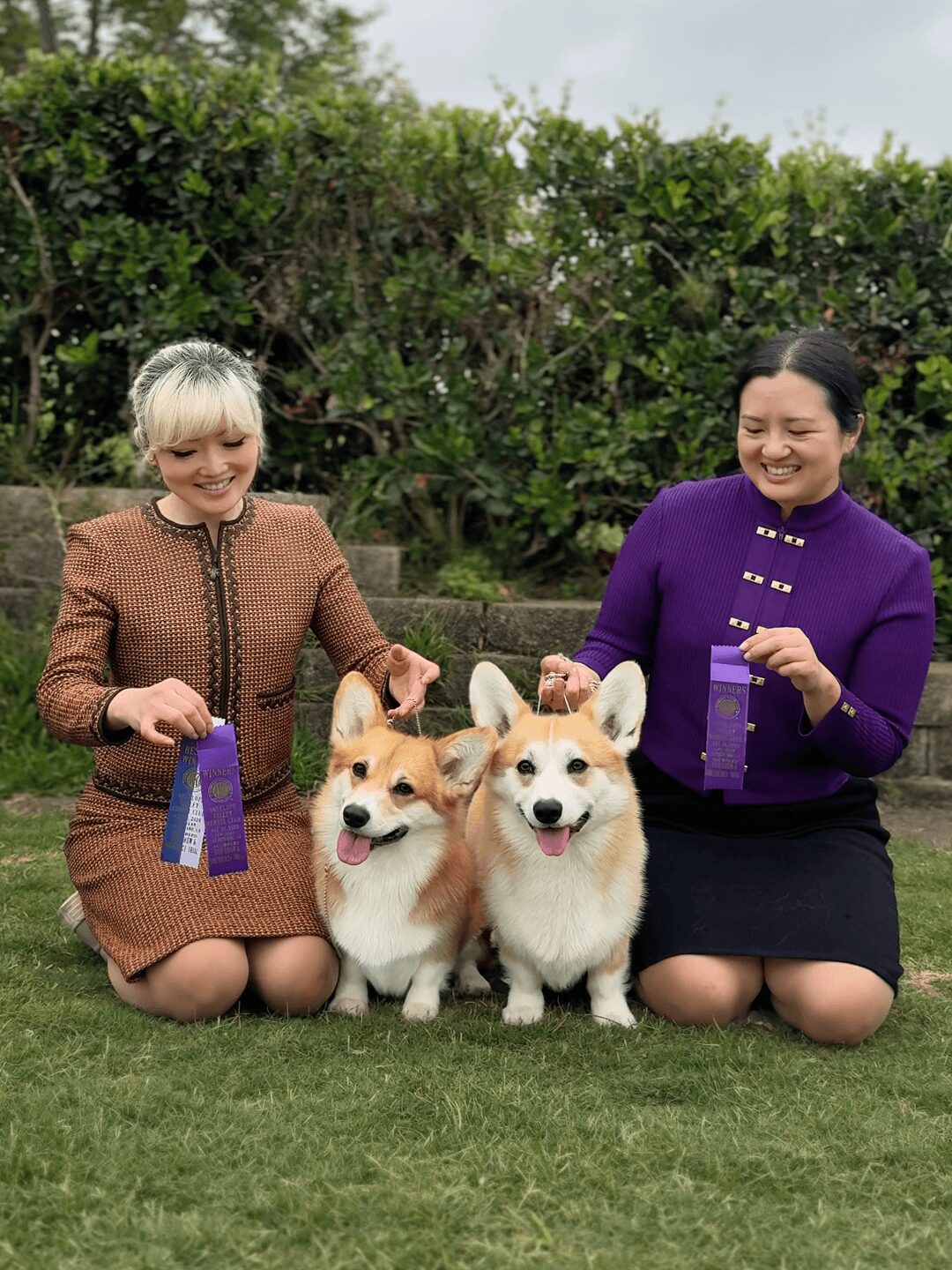 Two women kneeling on grass with two corgi dogs, holding ribbons, smiling outdoors with green bushes behind.