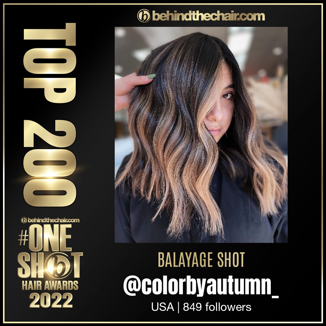 Woman with wavy, ombre hair, smiling and touching her hair, in a salon setting. Text includes 'Top 200', '#OneShot', and '@colorbyautumn'.