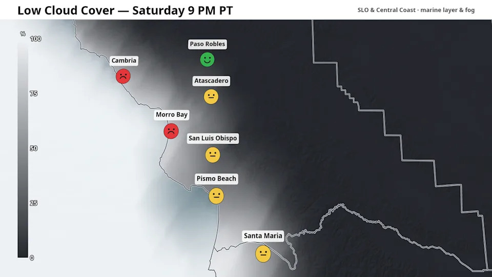 Low clouds and the marine layer on the evening of Saturday, July 4. Icons indicate firework viewing conditions.