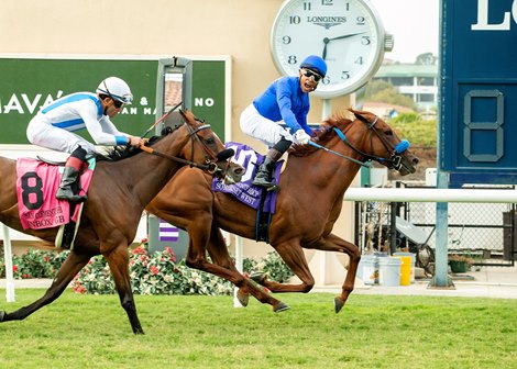 Keith Abrahams' Somerset West and jockey Armando Ayuso, right, outleg Inbox (Joel Rosario), left, to win the Grade II, $200,000 San Clemente Handicap, Saturday, July 18, 2026 at Del Mar Thoroughbred Club, Del Mar CA. © BENOIT PHOTO