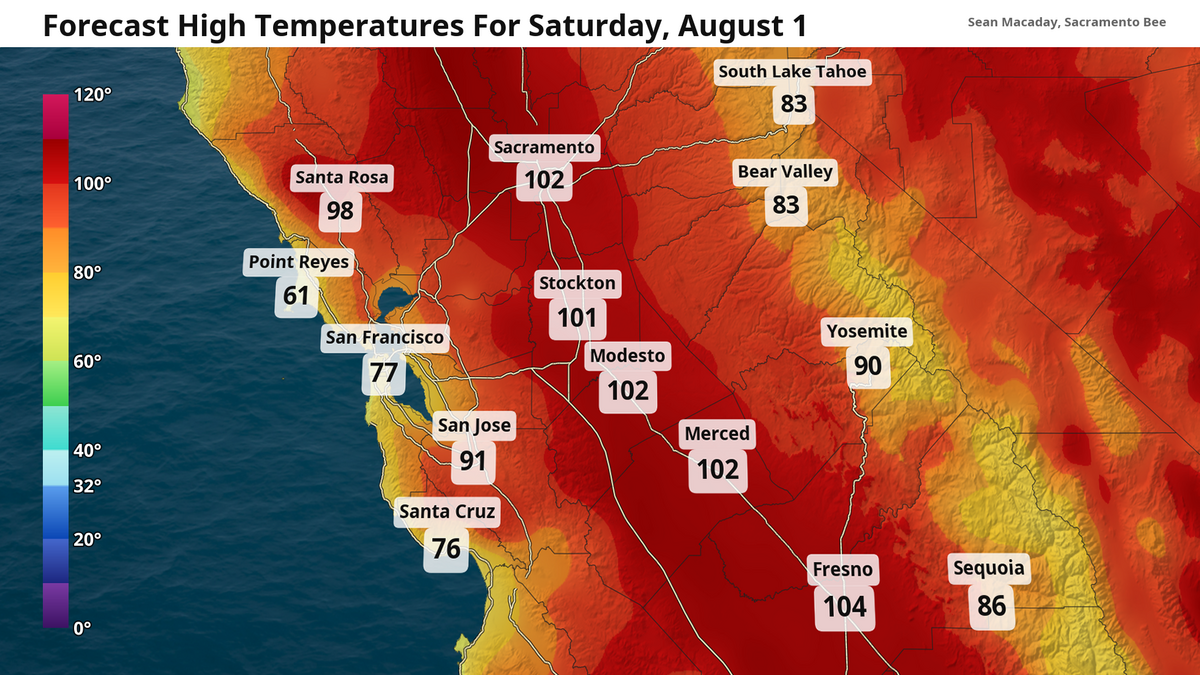 Forecast high temps for Saturday, Aug 1