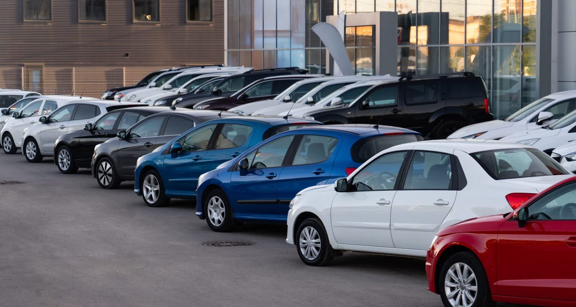 A row of various cars in a dealership parking lot, featuring blue, white, black, and red vehicles.
