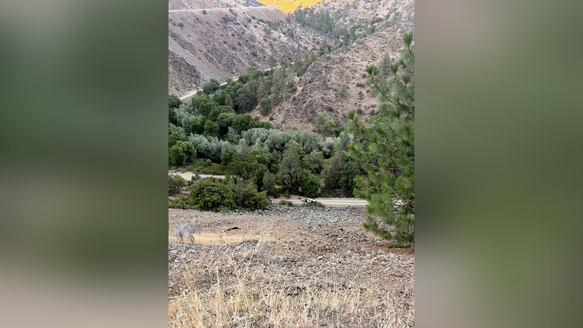 Distant view down rocky mountainside