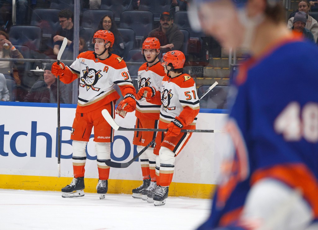 Anaheim Ducks players Leo Carlsson (91), with teammates, celebrates scoring a goal against the New York Islanders.