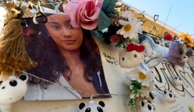 A makeshift memorial for Celeste Rivas Hernandez, whose body was found inside a vehicle owned by singer D4vd, is displayed outside her home in Lake Elsinore, Calif., on April 21, 2026. (AP Photo/Damian Dovarganes)