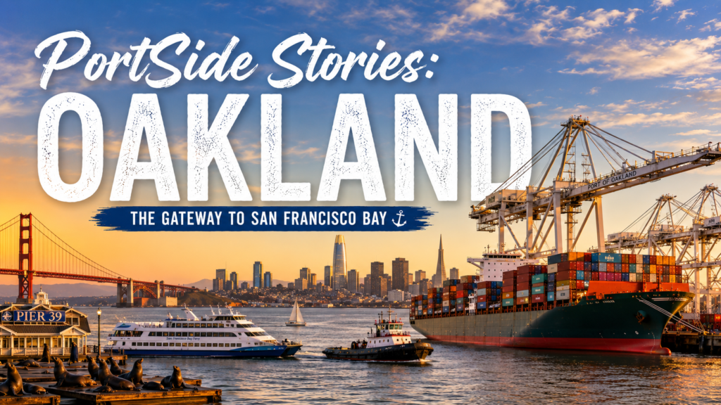 PortSide Stories: Oakland cover image featuring the Port of Oakland with container cranes, a container ship, San Francisco skyline, the Golden Gate Bridge, Pier 39 sea lions, and ferries on San Francisco Bay, highlighting Oakland's role as Northern California's primary container gateway.