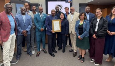 Members of the Alameda County Board of Supervisors honored 100 Black Men of the Bay Area at the supervisors’ July 14, 2026, meeting. Photo courtesy of 100 Black Men.