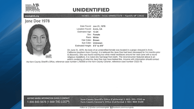 The Kern County Sheriff’s Office announced in a press conference that the 1978 Jane Doe has been identified as 15-year-old Michelle Louise Collier of Fresno. PHOTO: KCSO