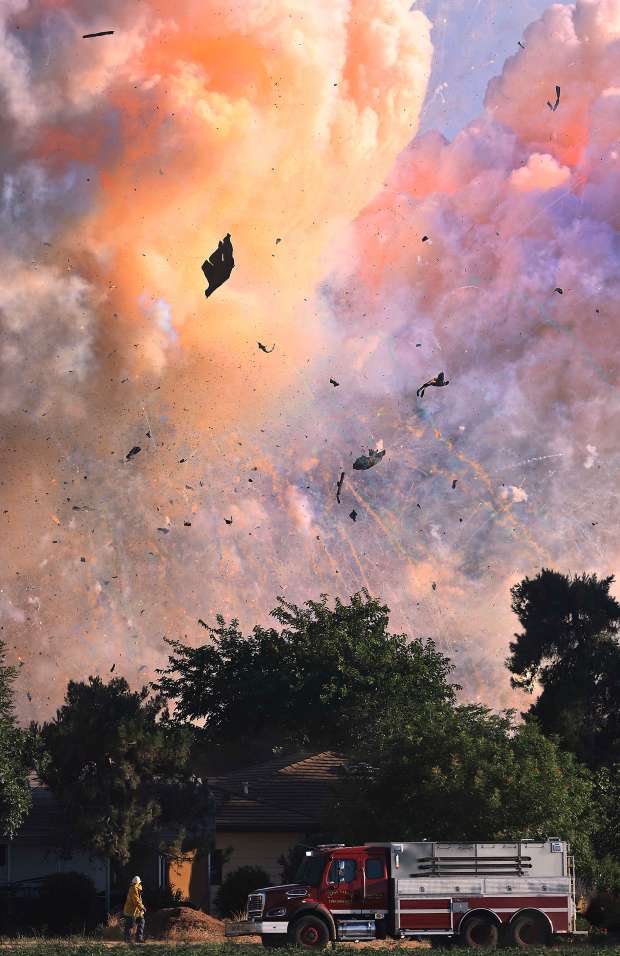 Fireworks explode at a fireworks warehouse near Esparto, Tuesday, July 1, 2025. (Kent Porter / The Press Democrat file)
