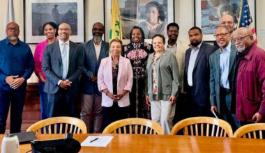 Present at the recent meeting on implementing recommendations on Oakland’s Disparity Study on city work contracts were (first row, l. to r.):  Chuck Baker, Oakland Mayor Barbara Lee and Darlene Flynn. Second row, l. to r.) Samuel Adams, Erica Astrella, Chadwick Spell, Cathy Adams, Stanley Cooper, Maria Wagner, Len Turner, Derek Barnes, Paul Cobb. Photo courtesy of Oakland Mayor’s Office.
