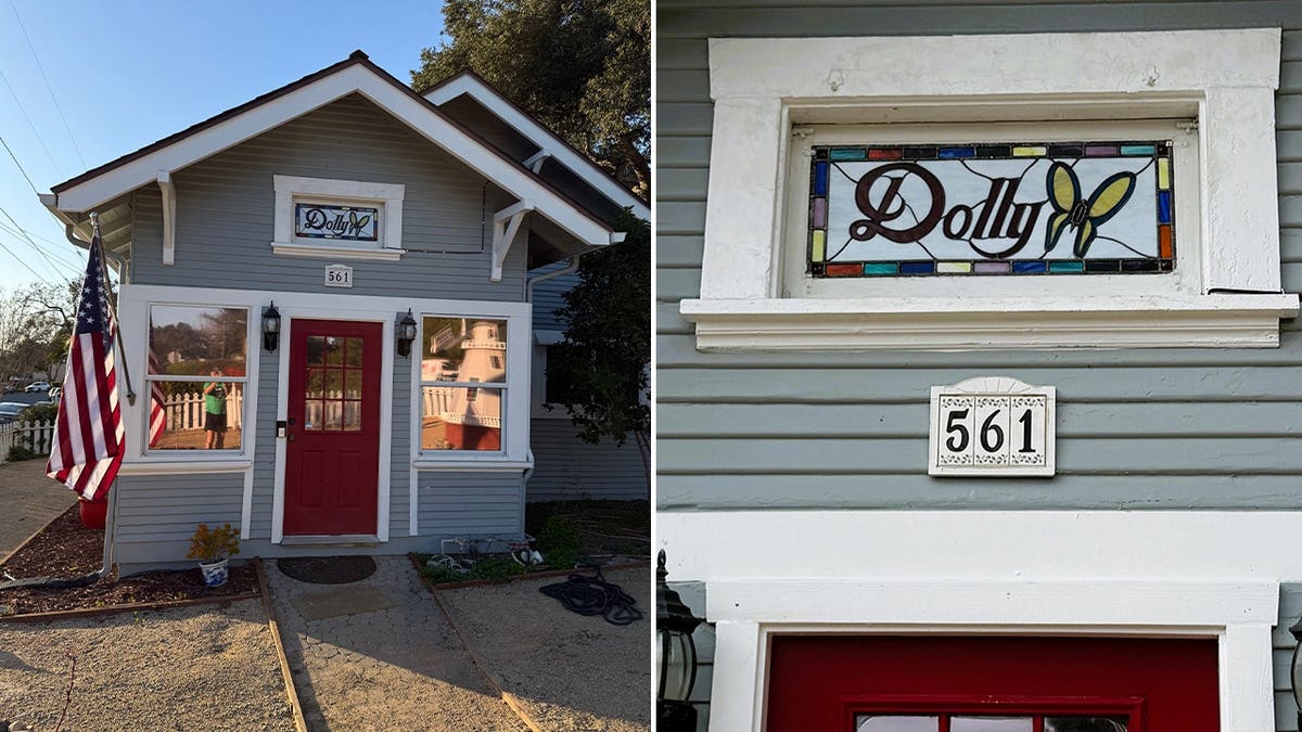 A split image of the front door with a stained glass window reading Dolly above it.