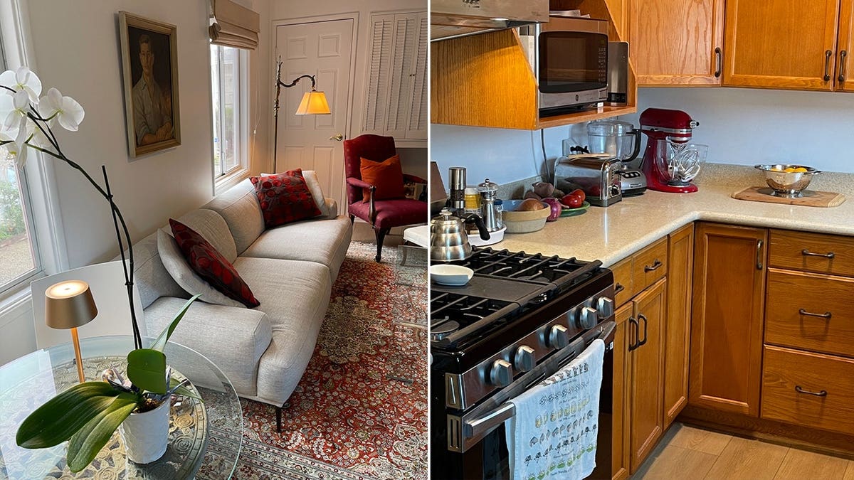 A split image of a living room and a kitchen.