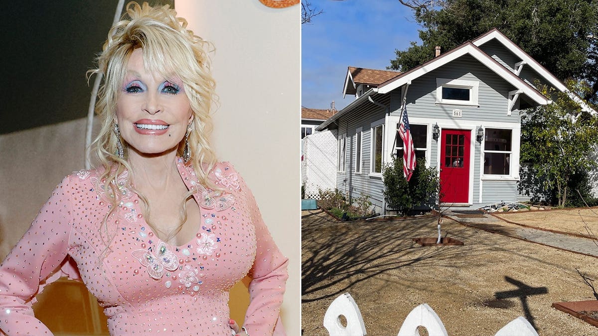 A split image of Dolly Parton and the outside of her former home in Solvang.