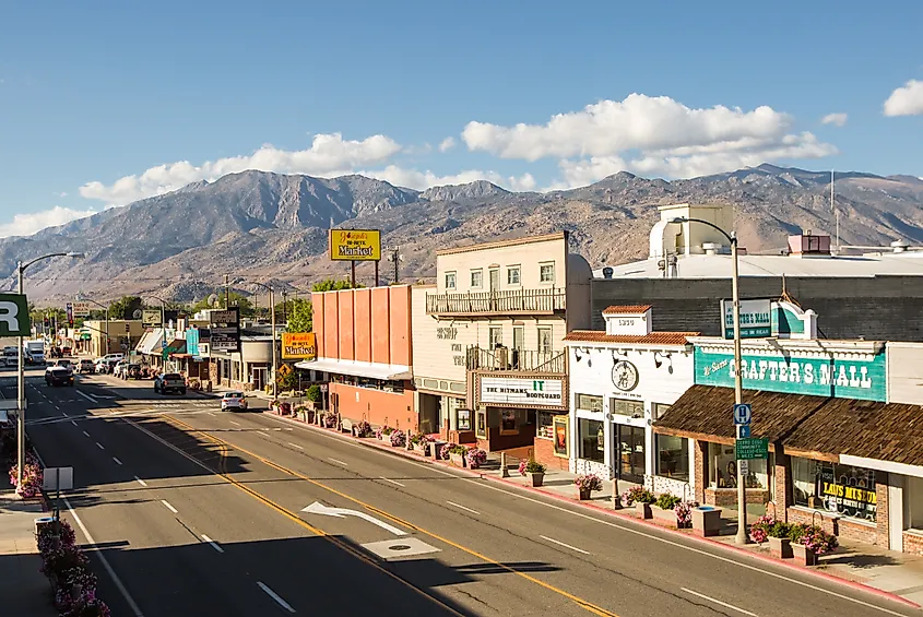 Downtown Bishop, California, with the Sierra Nevada mountains rising behind Main Street.