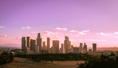 Downtown Los Angeles skyline during sunset