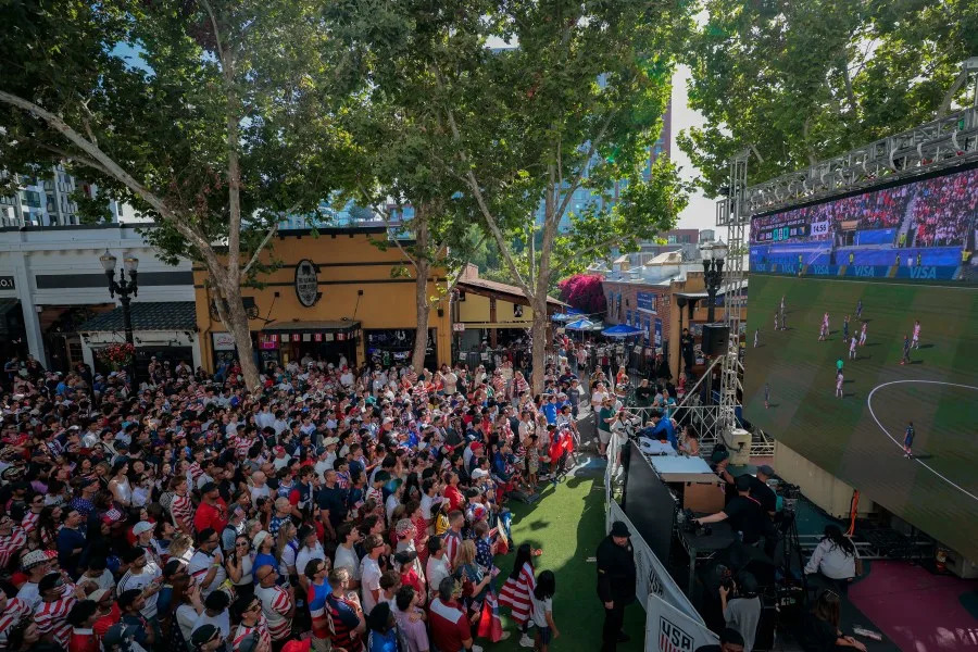 SAN JOSE, CALIFORNIA – JULY 01: Soccer fans gather at San Pedro Square Market for a watch party of the United States vs. Bosnia and Herzegovina in the round of 32 FIFA World Cup match on July 01, 2026 in San Jose, California. Hundreds of fans packed the plaza to cheer on the teams just a few miles from Levi’s Stadium, where the match was being played. (Photo by Heather Diehl/Getty Images)
