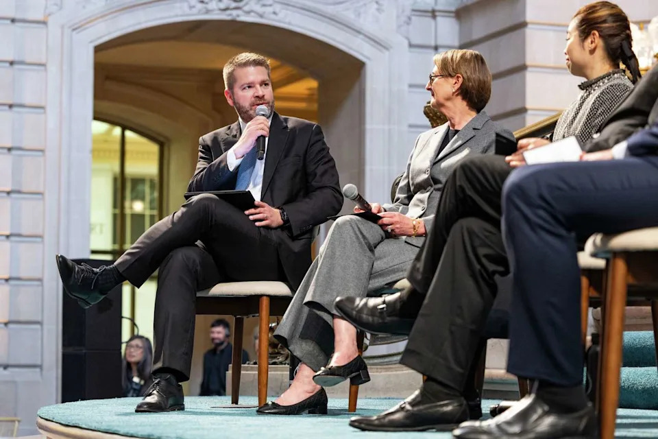 San Francisco Symphony CEO Matthew Spivey speaks during an event announcing Elim Chan as the orchestra's next music director at San Francisco City Hall on May 21, 2026. (Jana Ašenbrennerová/For the S.F. Chronicle)