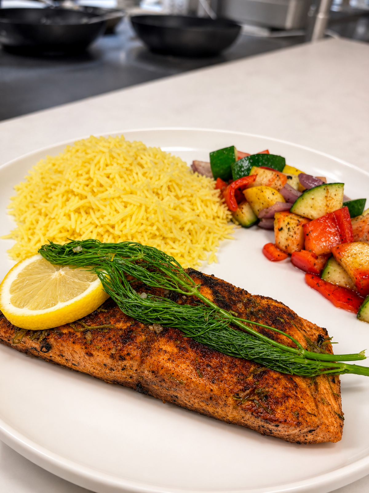 The grilled salmon with lemon and herb glaze at Dosan A Social Eatery, served with turmeric basmati rice and charred chamoy glazed vegetables.