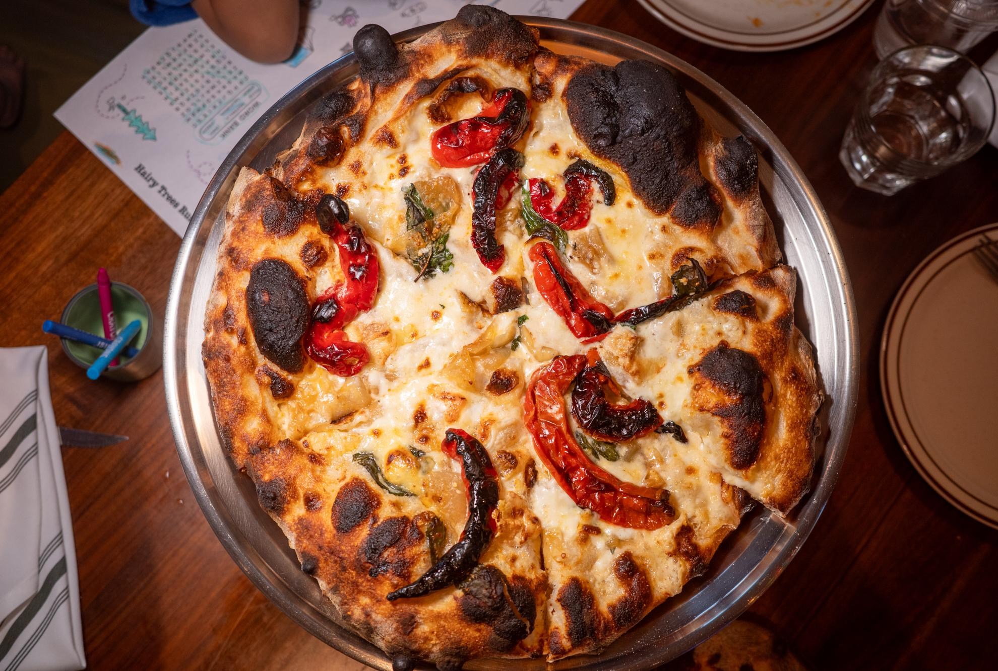 Loaded blistered pizza from Folks Pizzeria.