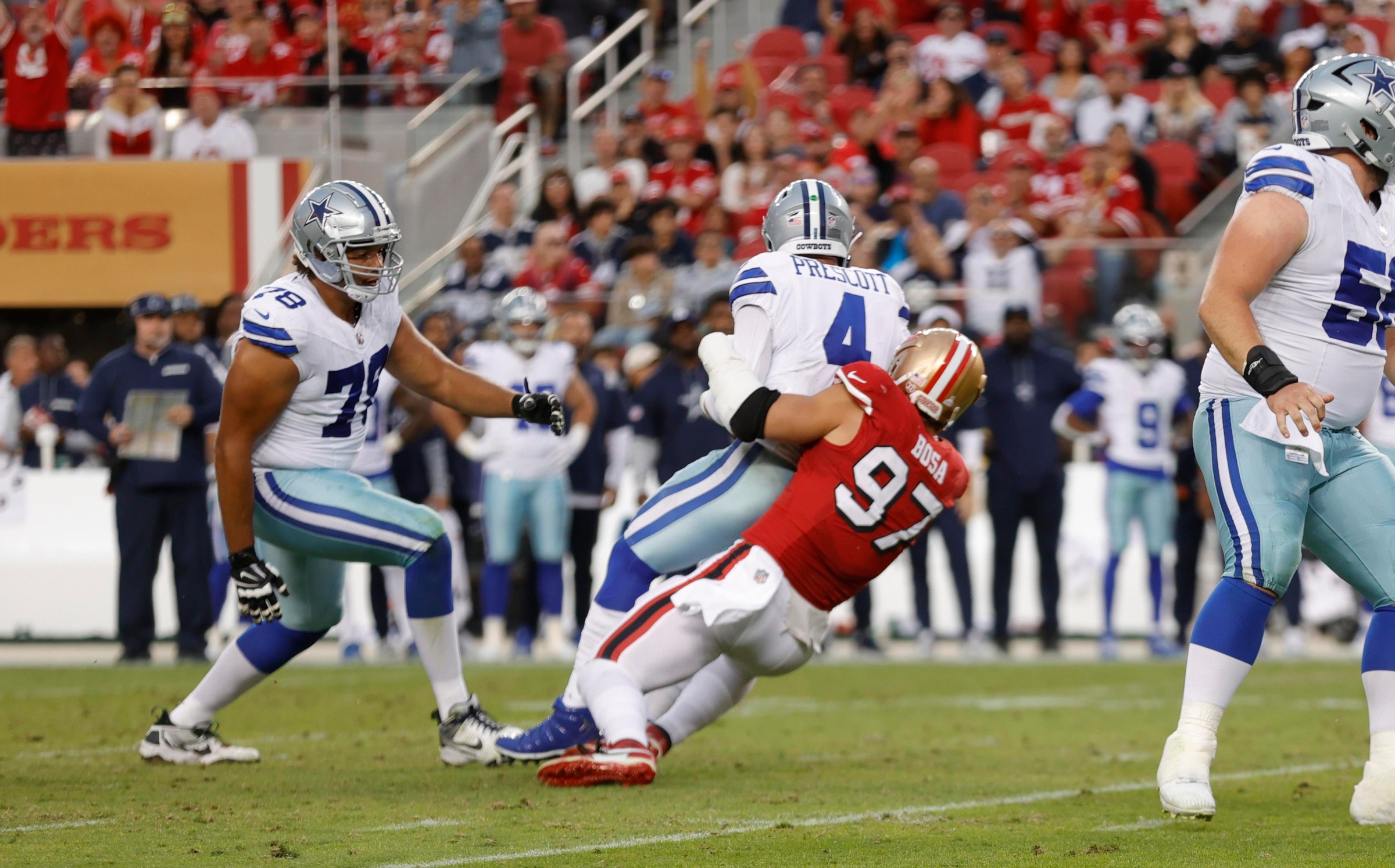 SANTA CLARA, CA - OCTOBER 27: Nick Bosa #97 of the San Francisco 49ers sacks Dak Prescott #4 of the Dallas Cowboys during the game at Levi’s Stadium on October 27, 2024 in Santa Clara, California. The 49ers defeated the Cowboys 30-24. (Photo by Michael Zagaris/San Francisco 49ers/Getty Images)