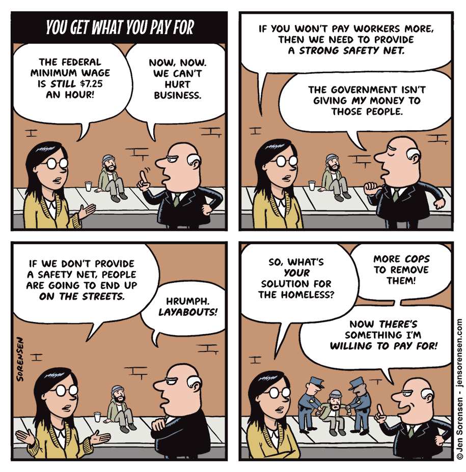 A cartoon by Jen Sorensen depicting someone asking a politician about solutions for affordability.